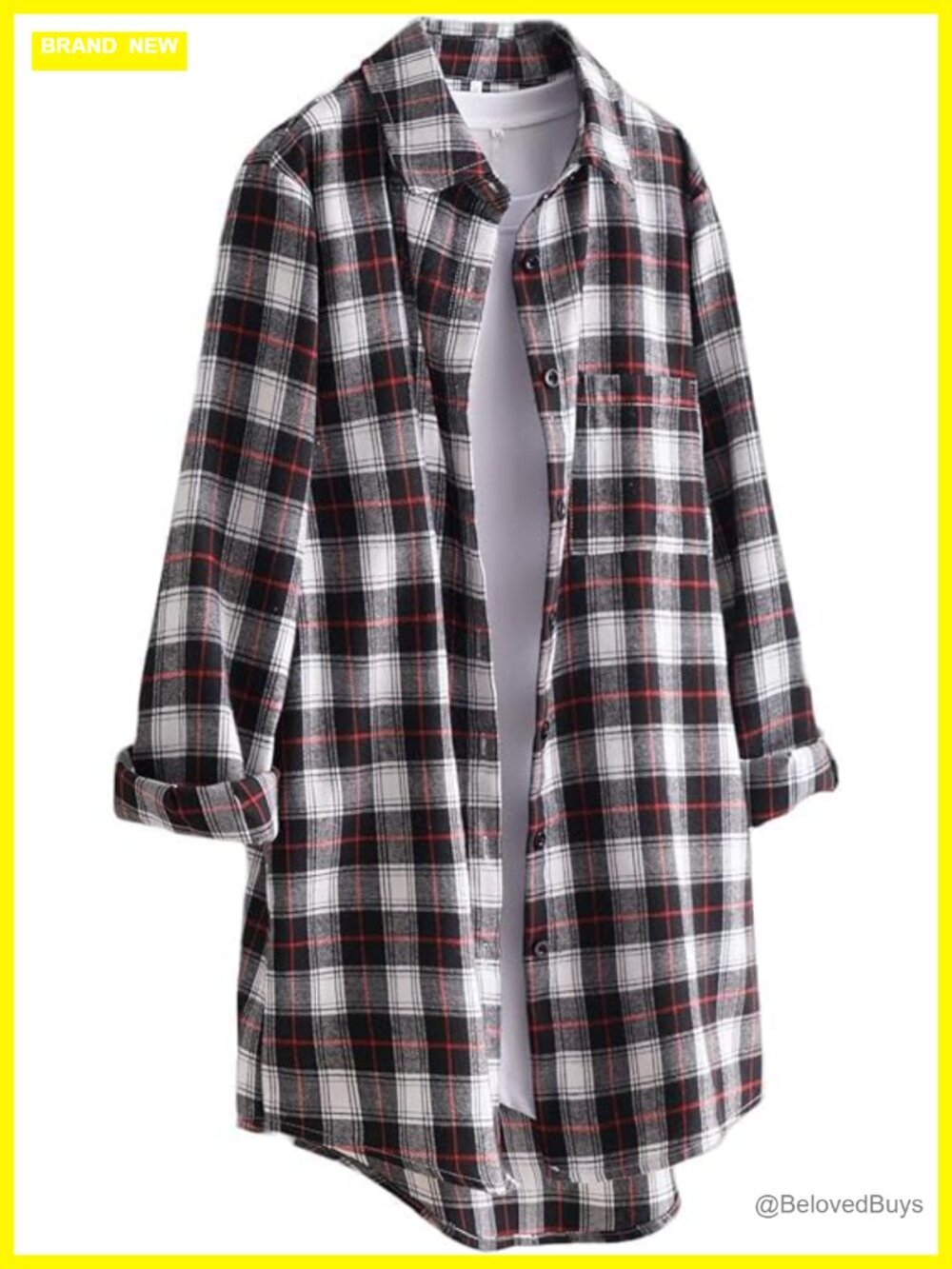 Women's Cotton Plaid Button Down Tunic Long Sleeve High Low Oversized Shirt
